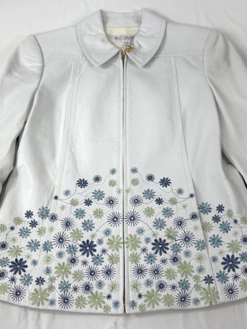 St. John Collection White Leather Jacket Floral Embroidered Women's Size 6
